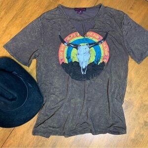 Rock&Roll Cowgirl Brown Distressed Tee, Western Look, Short Sleeves, Medium, EUC